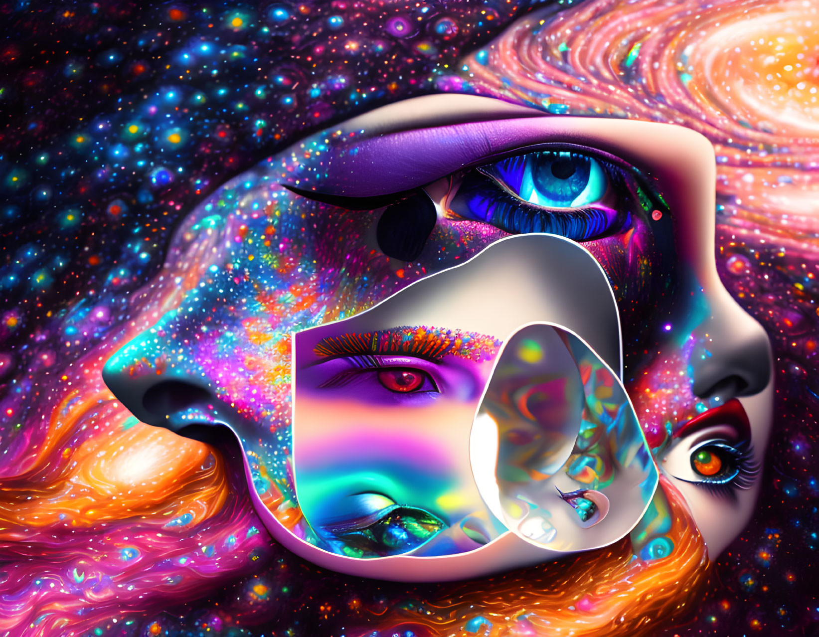 Colorful digital artwork featuring fragmented face on cosmic background