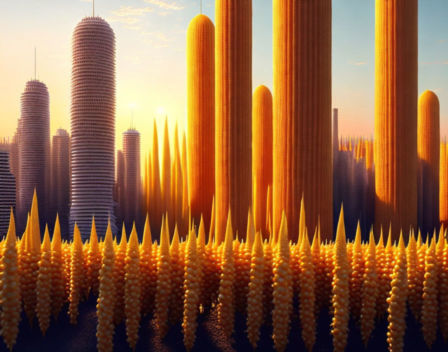 Cityscape transformed into golden corn against sunset sky