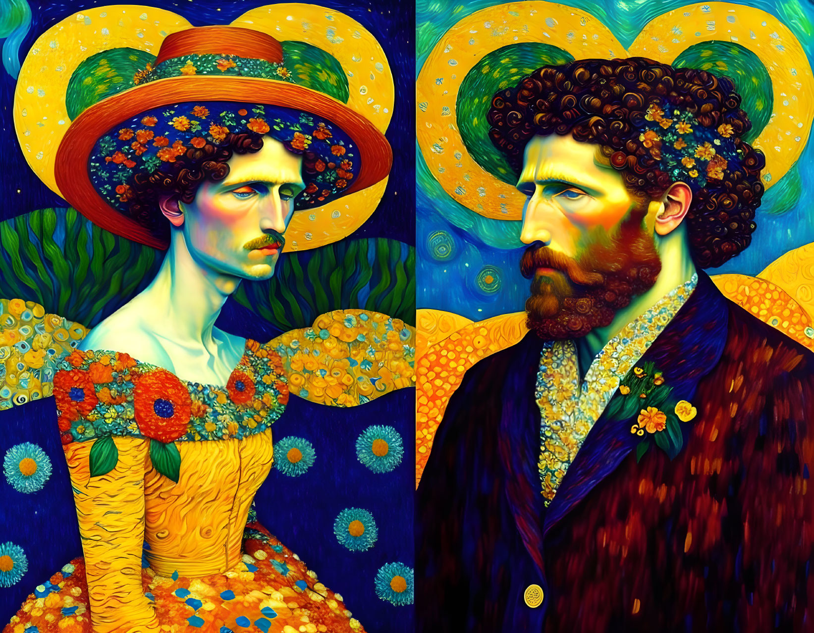 Colorful Van Gogh-inspired portraits with floral attire and halo backgrounds