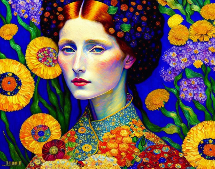 Colorful portrait of woman with red hair among vibrant flowers and intricate patterns