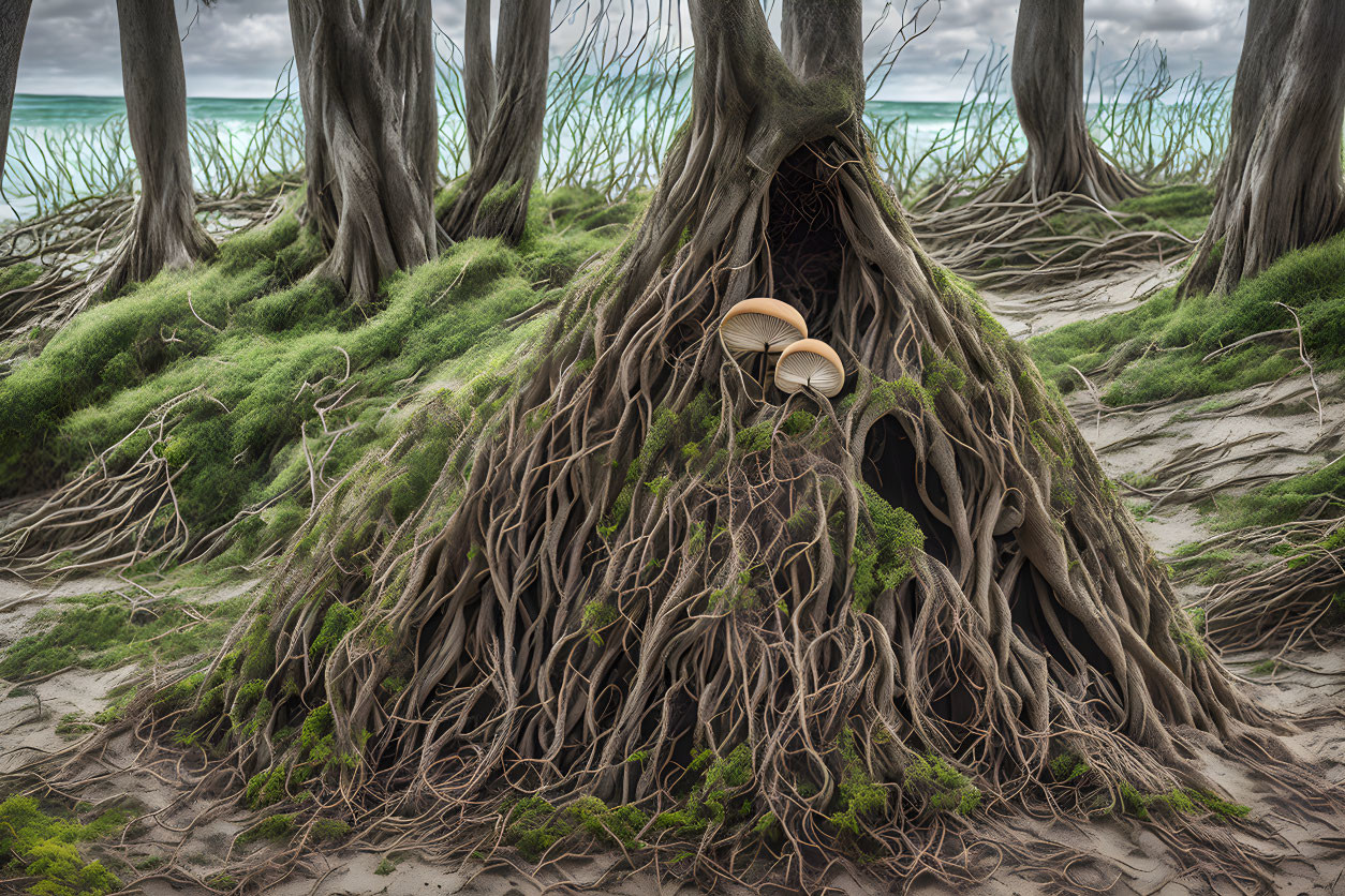 Intertwined tree roots and wooden chair on sandy beach