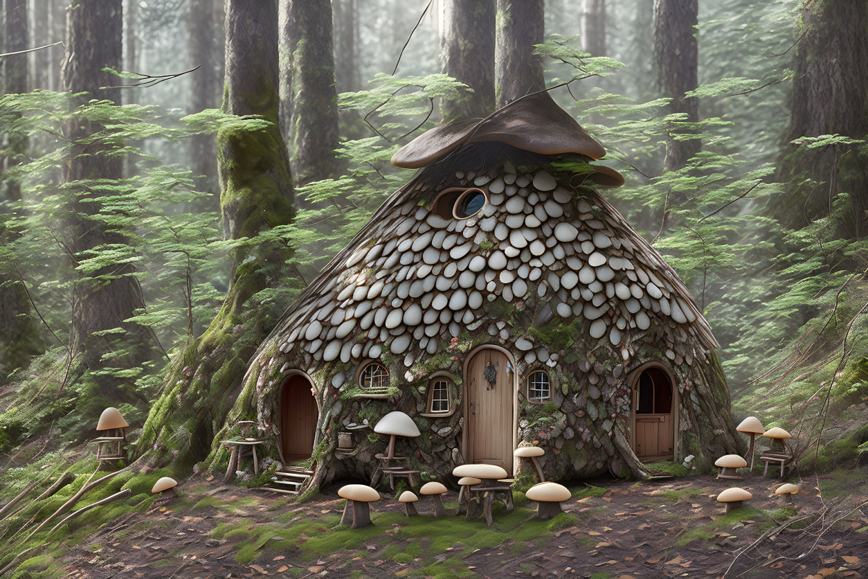 Mushroom-Shaped Roof Cottage in Forest Setting