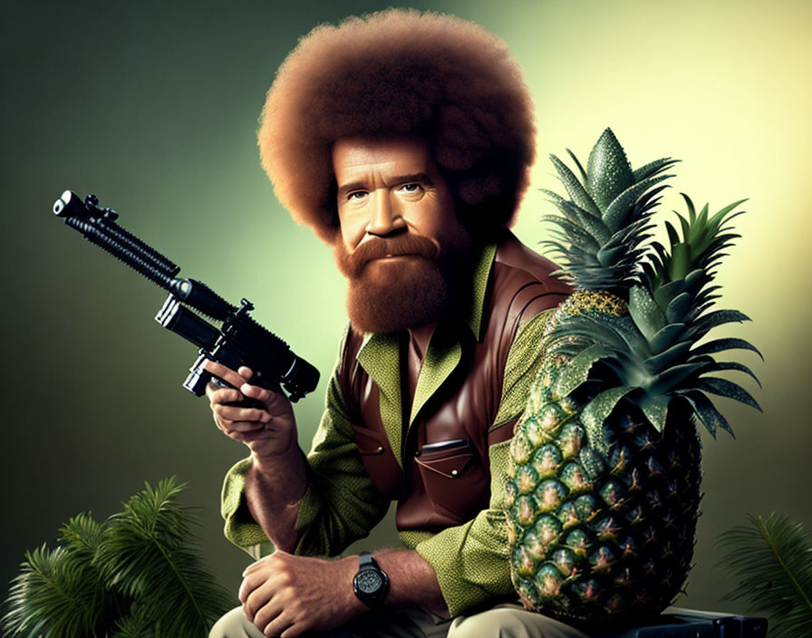 Person with Afro holding rifle beside pineapple in 1970s style with vest, watch, and dramatic