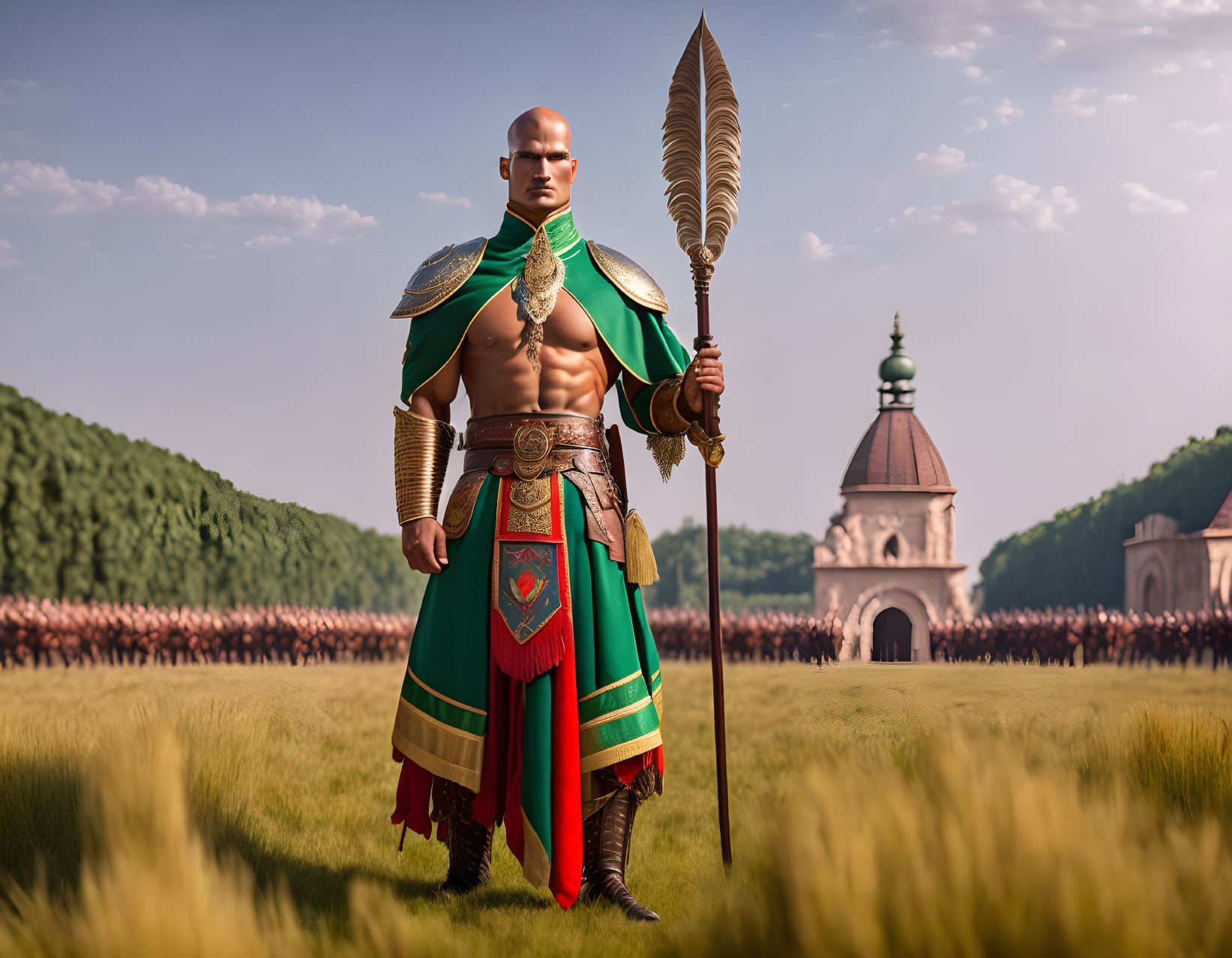Bald Warrior in Green and Red Armor with Spear and Castle Background
