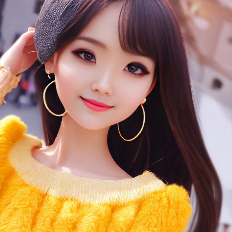 Digital artwork: Young woman with large eyes, yellow sweater, gold earrings, gray beret