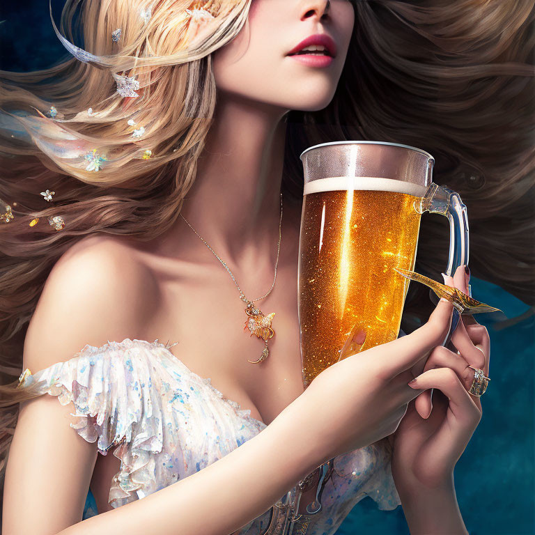 Blonde woman in elegant attire with frothy beer mug and whimsical butterflies