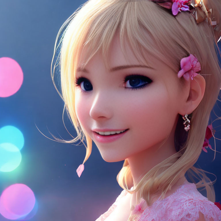 Blonde woman with blue eyes and pink flowers in 3D digital art