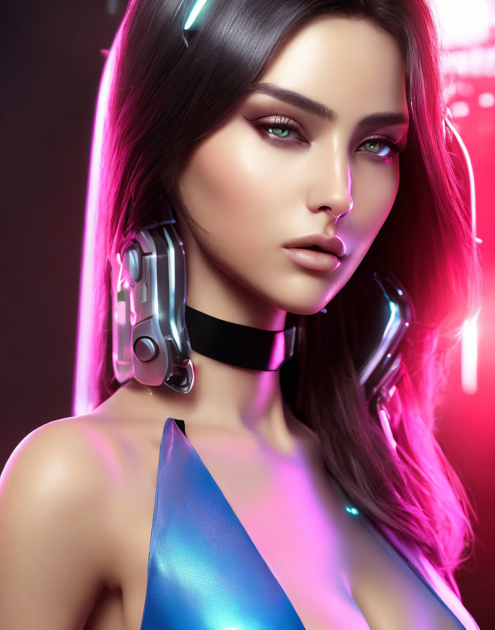 Futuristic 3D-rendered female character with cybernetic earpieces and glowing makeup