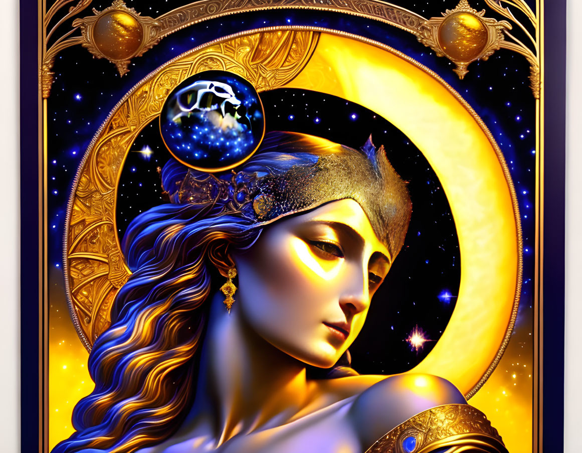 Stylized woman in golden armor with glowing orb in cosmic backdrop