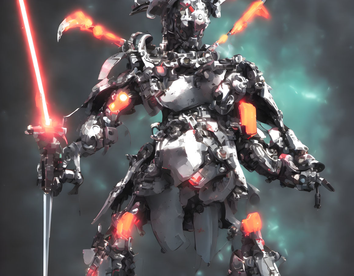 Futuristic robot with red accents and dual blades in cloudy setting