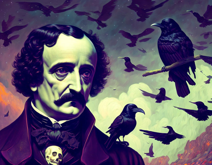 Dark-haired man with mustache and raven in gothic setting.