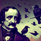 Dark-haired man with mustache and raven in gothic setting.