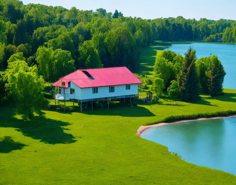 Solitary House with Red Roof Amid Greenery and Blue Lake