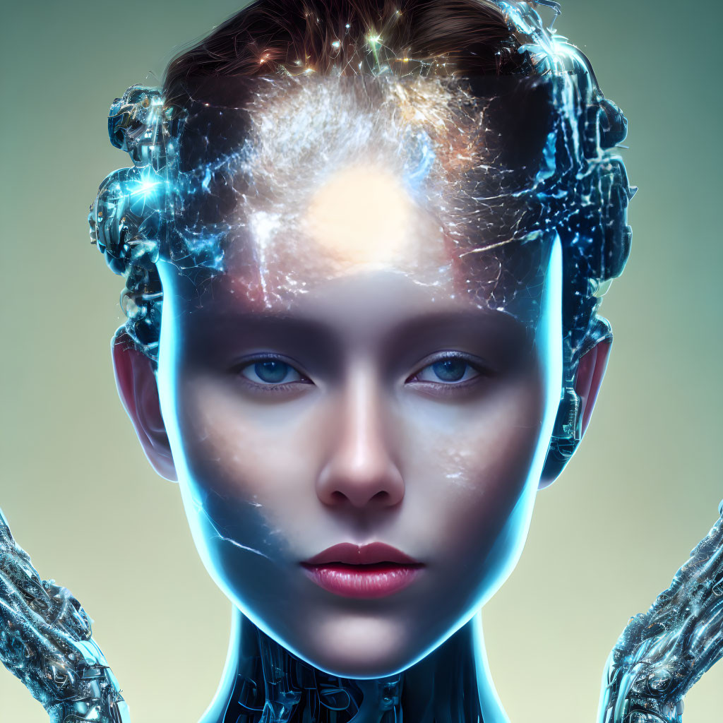 Female Android Digital Artwork: Transparent Cranium Revealing Cosmos