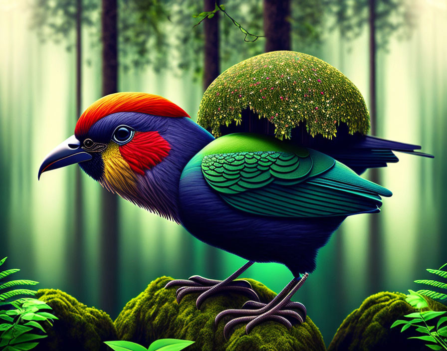 Colorful Bird Artwork with Detailed Feathers in Forest Setting