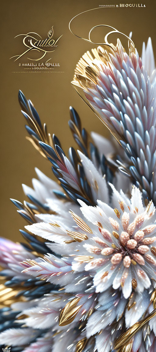 Blue and White Floral Arrangement with Golden Accents on Beige Background