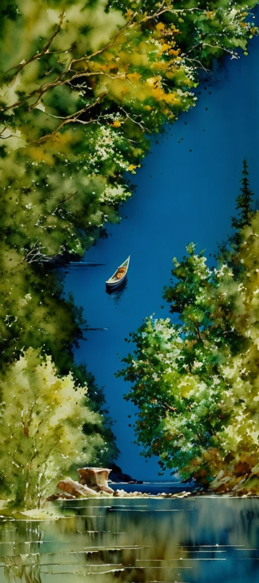 Tranquil River Scene with Canoe and Lush Trees