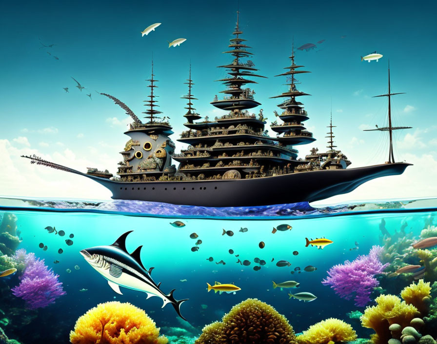 Multilayered ship above vibrant underwater seascape