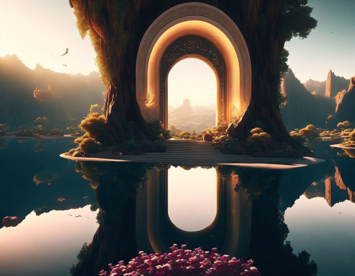 Circular Ornate Gate Reflecting Lake, Forest, Mountains at Sunset