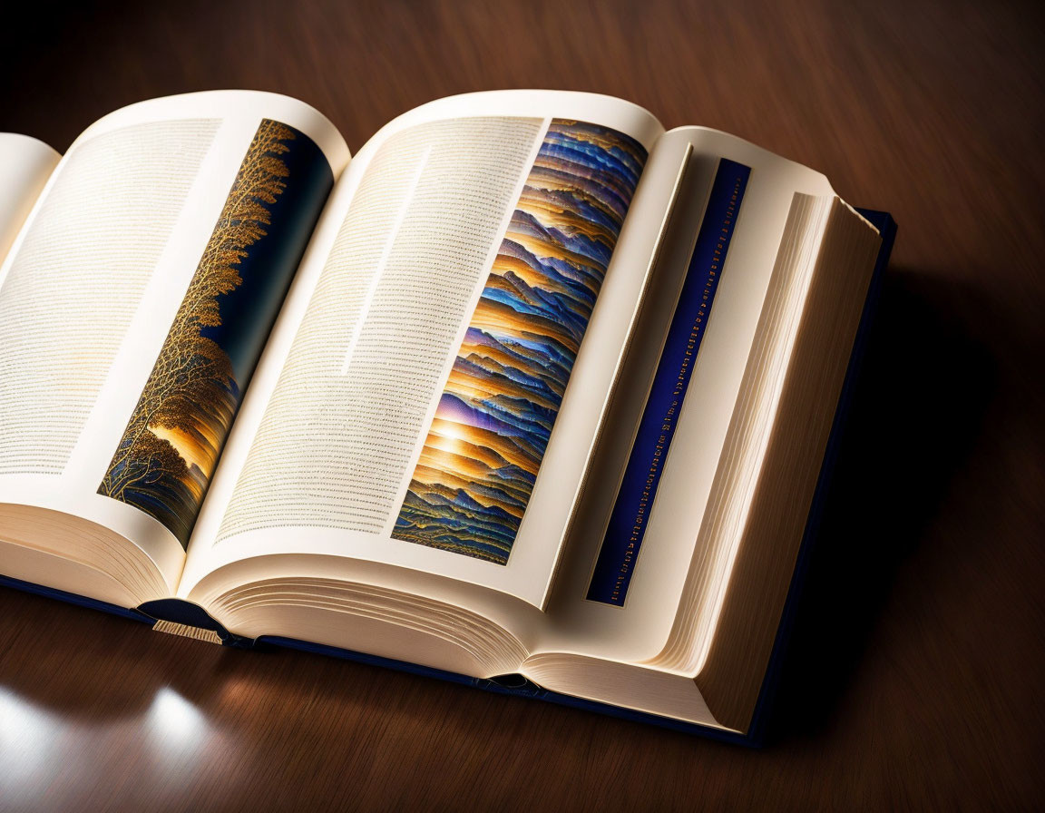 Illustrated Landscape Book on Wooden Surface