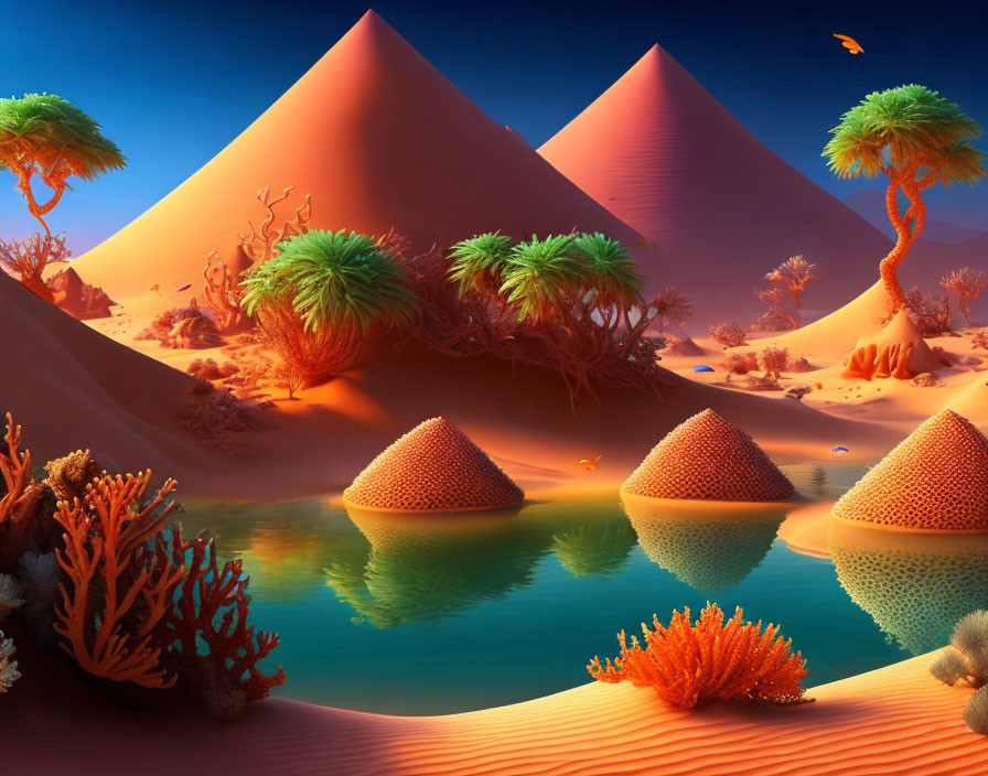 Surreal landscape featuring pyramids, vibrant flora, water, and colorful sky