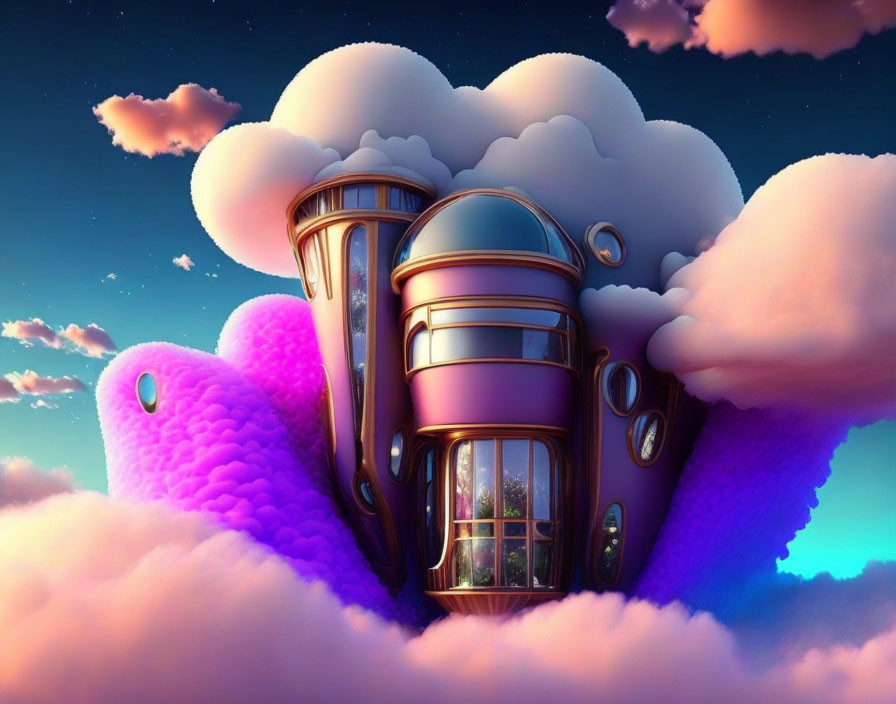 Futuristic structures in vibrant purple clouds under pink sky