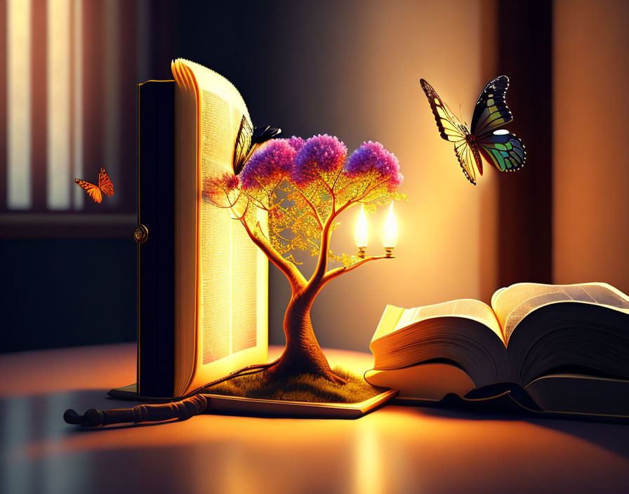 Purple Foliage Magical Tree Growing from Open Book with Lantern and Butterflies