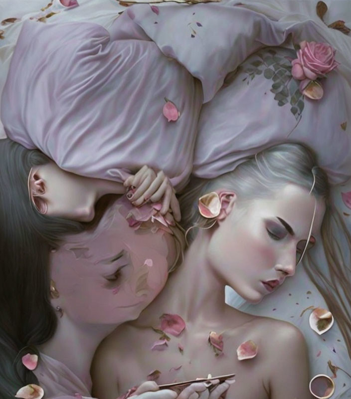 Women lying amidst pink petals and textiles in serene setting