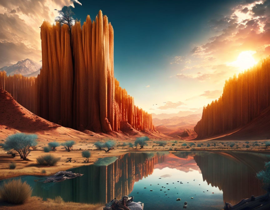 Tranquil landscape with rock formations, reflective waters, trees, and vibrant sunset