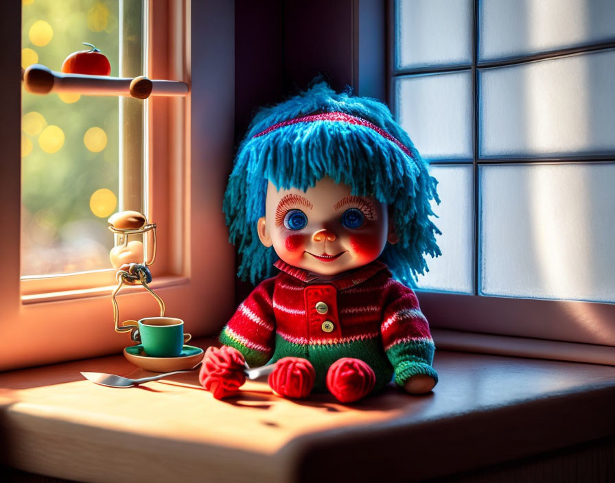 Colorful Toy Clown with Blue Hair, Red Nose, Striped Sweater, Apple, Cup,