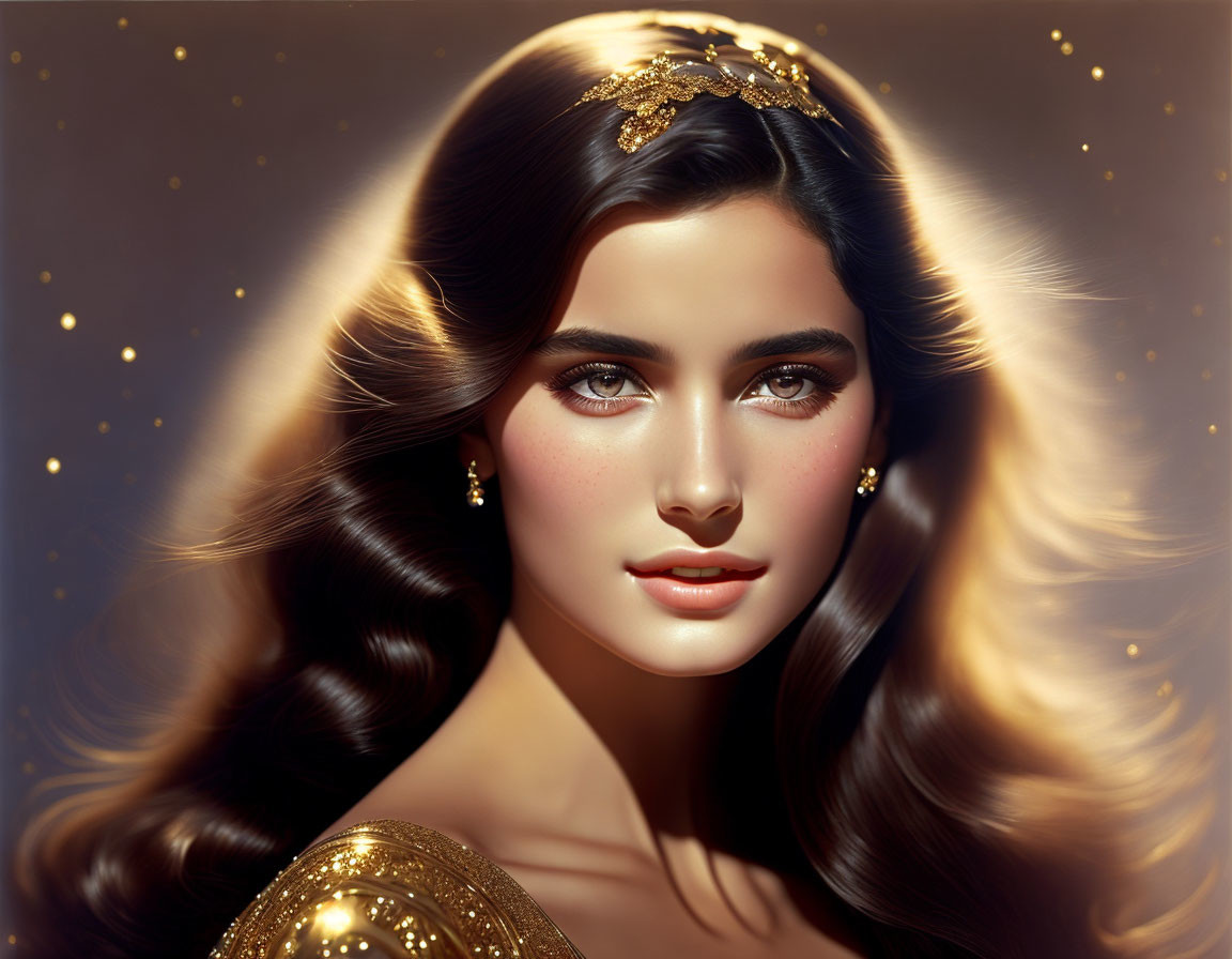 Digital portrait: Woman with dark hair, golden headpiece, sparkling earrings, and twinkling stars.