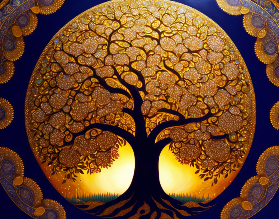 Golden tree painting with intricate branches on blue background