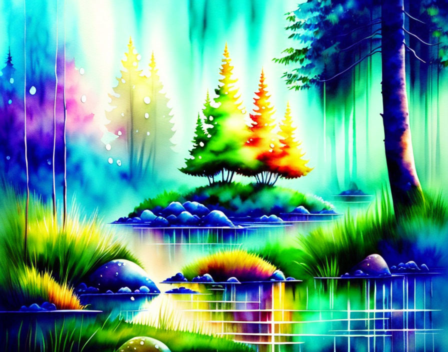 Colorful Watercolor Painting of Mystical Forest & Pond