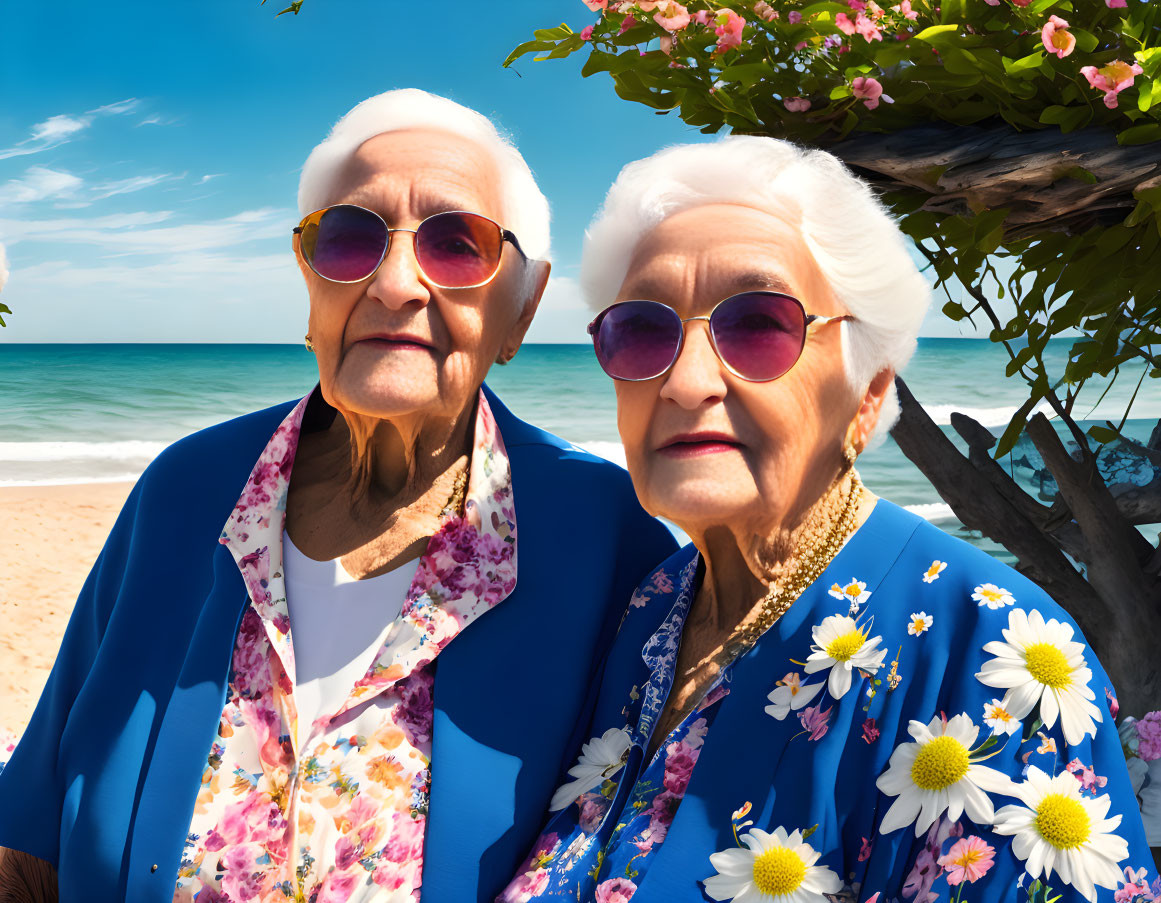 Elderly Women in Floral Clothing at Beach with Tree