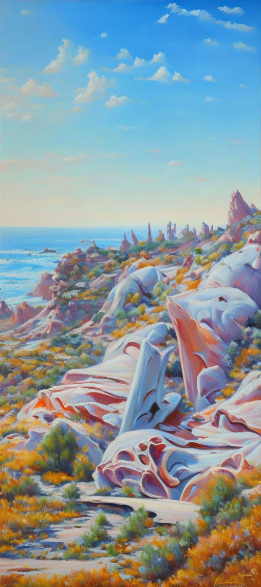 Colorful Coastal Landscape Painting with Red Rocks and Ocean View