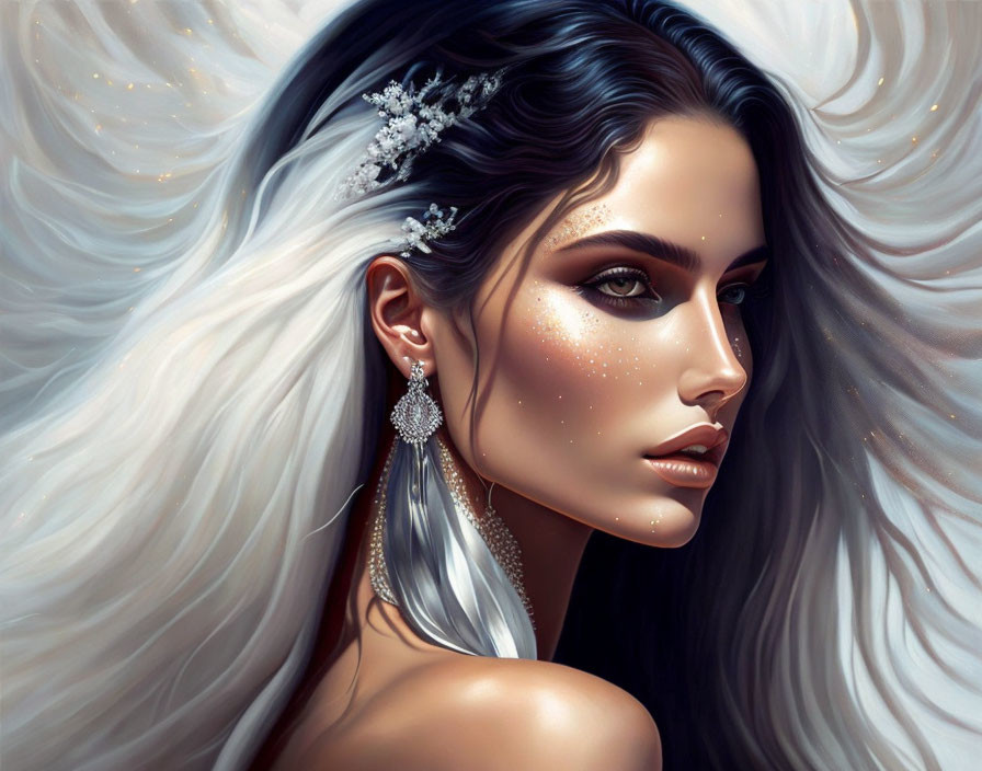 Digital Artwork: Woman with White Hair, Sparkling Skin, Frost Headpiece