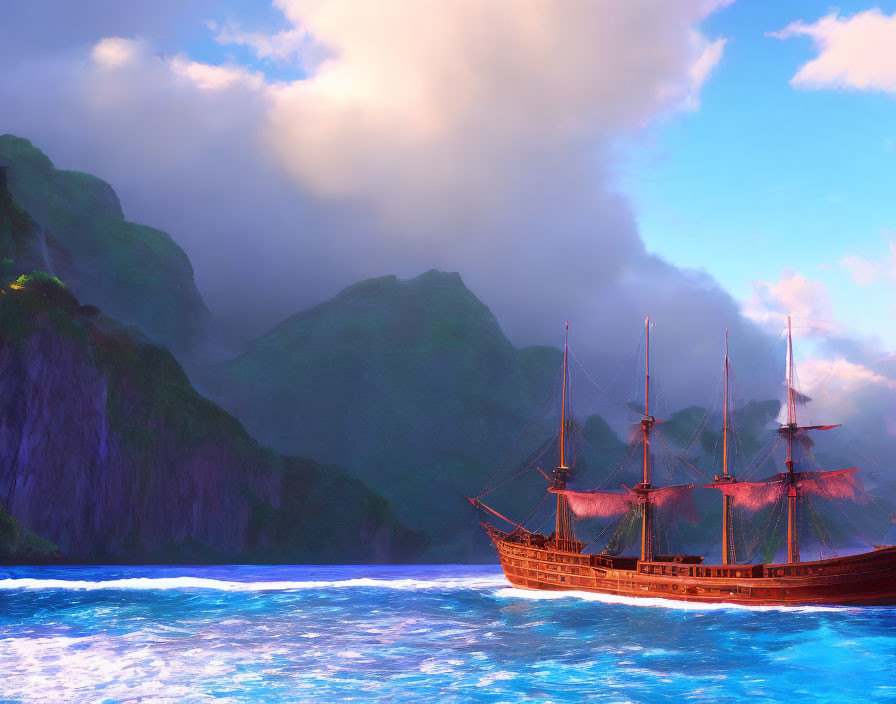 Historical galleon near lush tropical coastline under dynamic sky