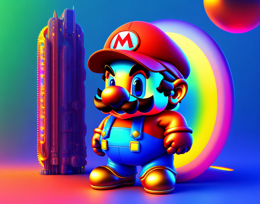 Vibrant Super Mario digital artwork with neon lighting and skyscraper backdrop