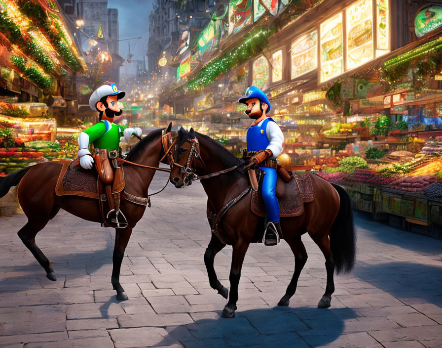Animated characters resembling Luigi and Mario as jockeys on horses in vibrant city street.