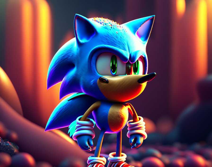 Colorful 3D Sonic the Hedgehog with smug expression in neon-lit setting