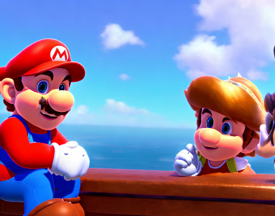 Two animated characters in ocean setting with blue skies conversing