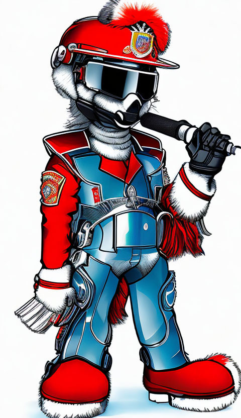 Anthropomorphic bear in red & white marching band attire with baton & sunglasses