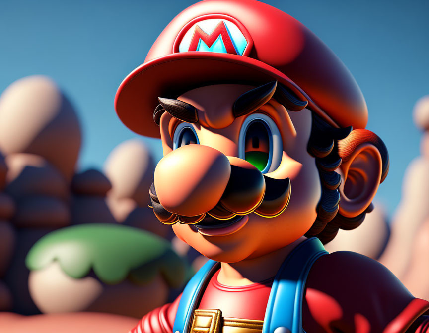 Iconic Mario 3D Render with Red Cap and Mustache in Mushroom Landscape