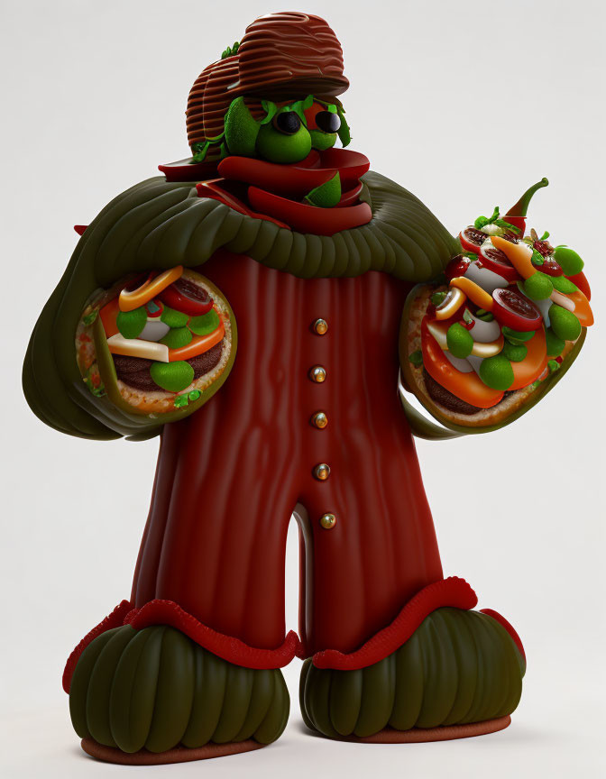 3D-rendered whimsical snowman character with hamburger features