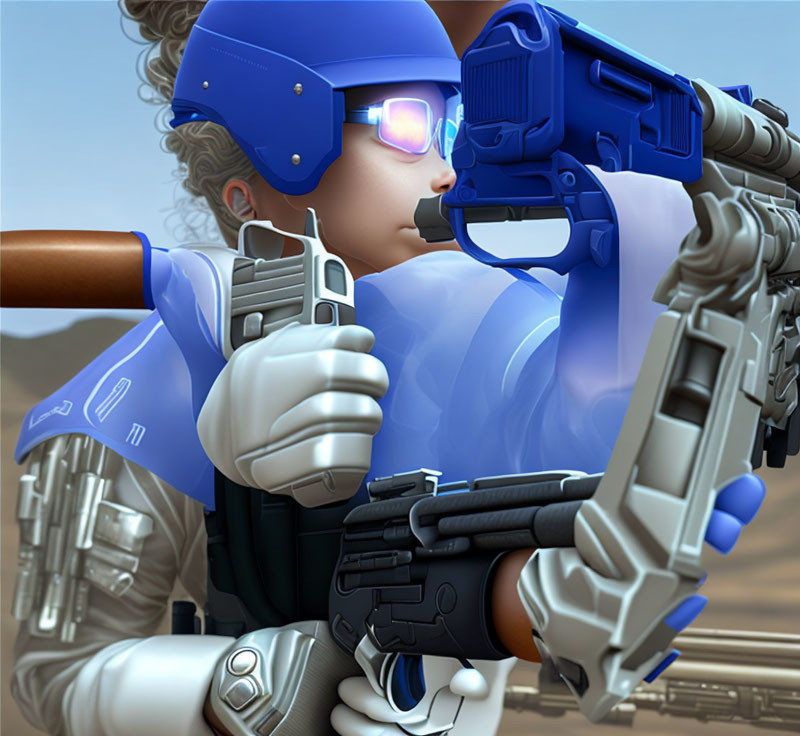 Futuristic 3D animated character in blue suit with sci-fi rifle in desert landscape