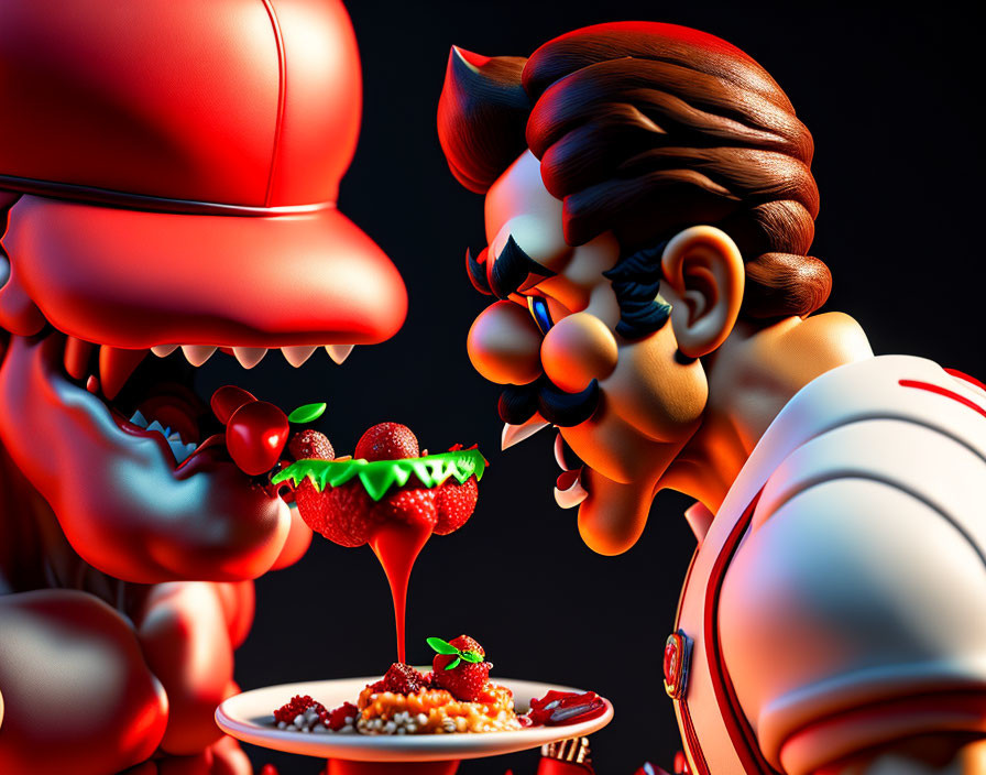 Stylized animated chefs eating spaghetti on dark background