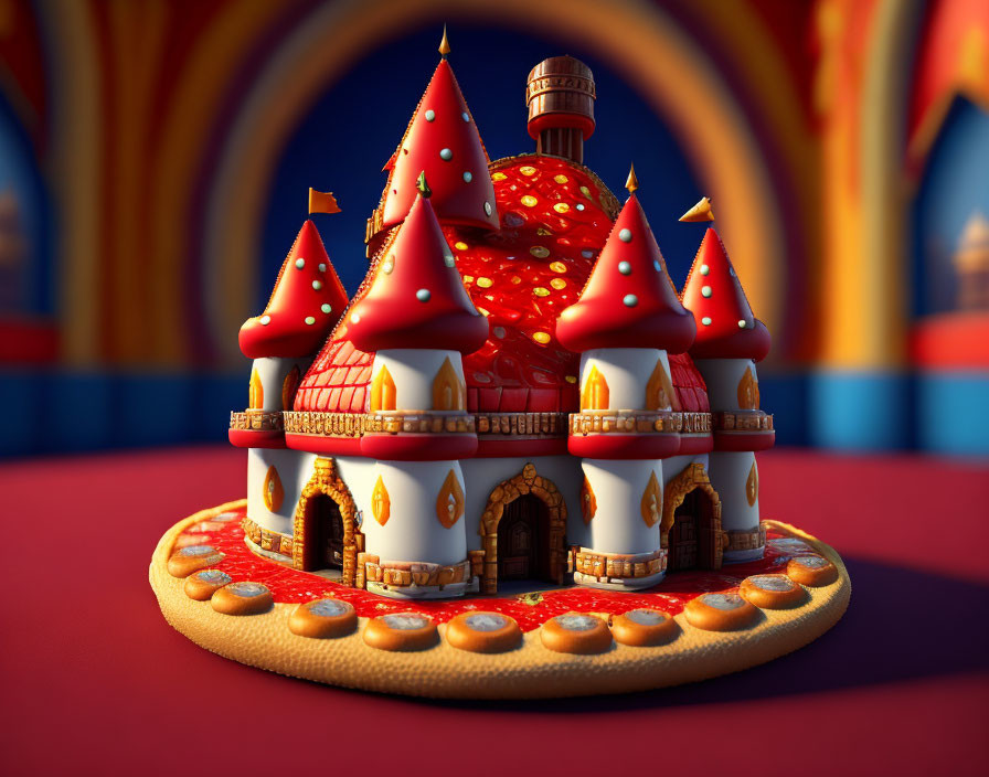 Whimsical animated palace with red and white conical roofs against striped tents