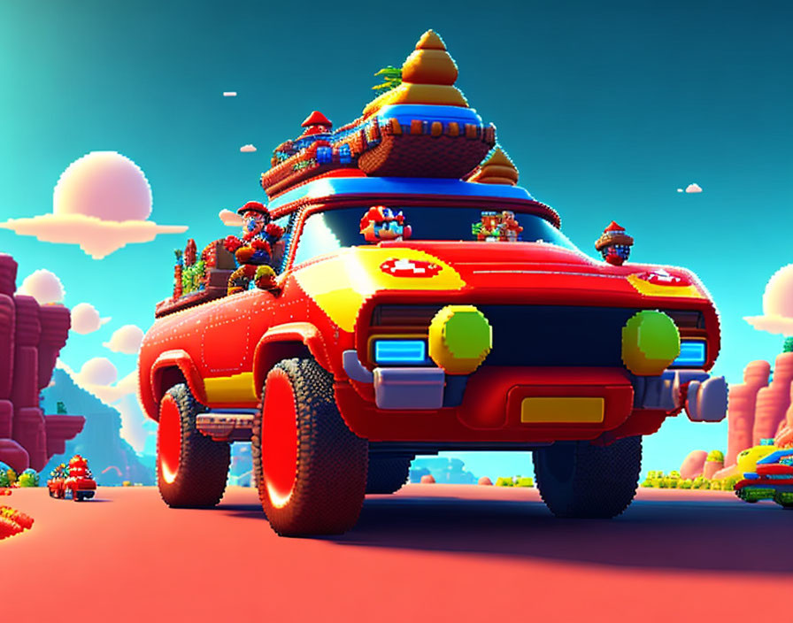 Vibrant cartoon off-road vehicle in desert landscape with whimsical characters