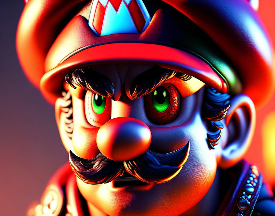 Close-up of 3D-rendered male character with red hat, thick mustache, and intense