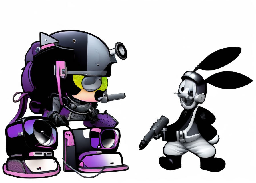 Cartoon characters in space suits: pink robot and black-and-white rabbit with ray gun